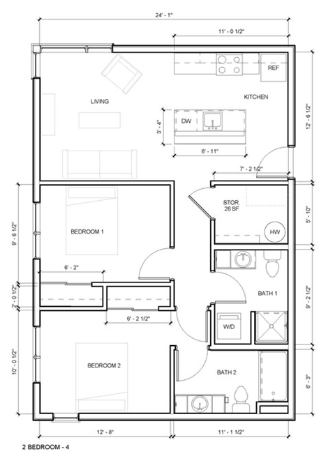Floor plan for 2 beds, 2 baths, 900 sqft